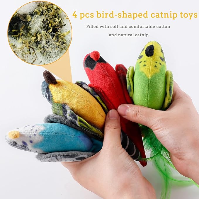 Dorakitten Cat Catnip Toys Interactive Cats 4pcs Kitten Plush Nip Chew Bird Toy with Crinkle Paper Pet Best Treats Stuffed Pillow Cute Teething Play Gifts Soft Kick Sound Supplies for Indoor Kitty-Mewly Pet