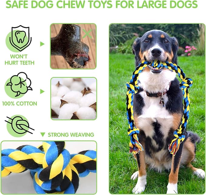 Large Tough Chew Toys for Aggressive Chewers Large Breed,Heavy Duty Dental Rope Toys Kit for Medium Dogs,5 Knots Indestructible Cotton Puppy Teething Chew Tug Toy Set of 9-Mewly Pet
