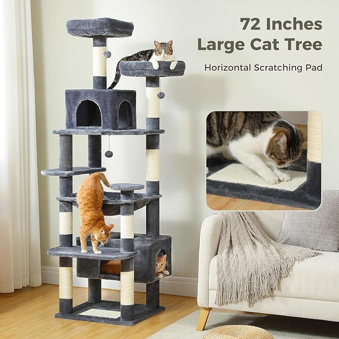 PAWZ Road Large Cat Tree, 72 Inches Cat Tower for Large Cats, Cat Condo with Sisal-Covered Scratching Posts and Pads, 2 Padded Perch, Dual Condo and Basket for Indoor Cats-Dark Gray-Mewly Pet