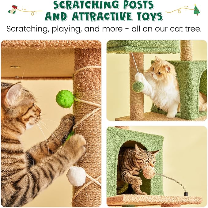 MWPO 70.1-Inch Green Large Cat Tree, Multi-Level Tall Cat Tower for Indoor Cats, Plush Cat Condo with Big Padded Perches, Sisal-Covered Scratching Posts, Hammock, Toys for Kittens & Cats-Mewly Pet