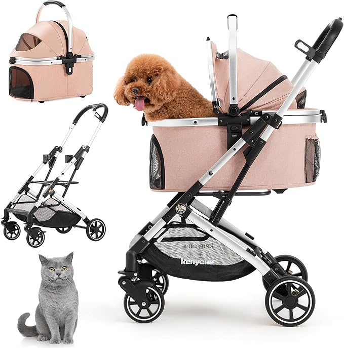 Kenyone 3-in-1 Pet Stroller for Small Medium Dogs Puppy Cat Stroller with Detachable Carrier & Pad Lightweight Foldable Aluminum Alloy Frame Dual No-Zip Entry(Pink)-Mewly Pet
