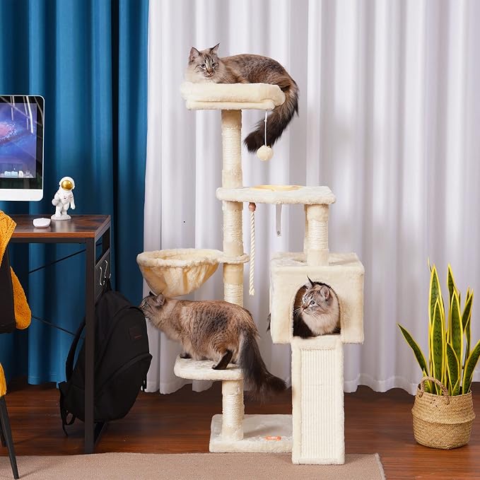Heybly Cat Tree, Cat Tower for Indoor Cats with Scratching Board, Multi-Level Cat Furniture Condo with Feeding Bowl, Beige HCT010M-Mewly Pet