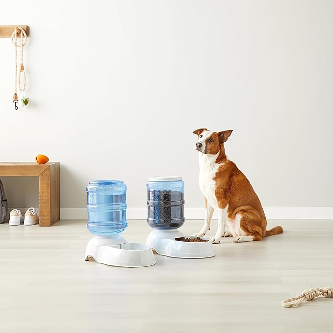 Amazon Basics Automatic Dog Cat Water Dispenser Gravity Feeder and Waterer Set, Large, 12-Pound Food Capacity, 2.5-Gallon, Gray-Mewly Pet