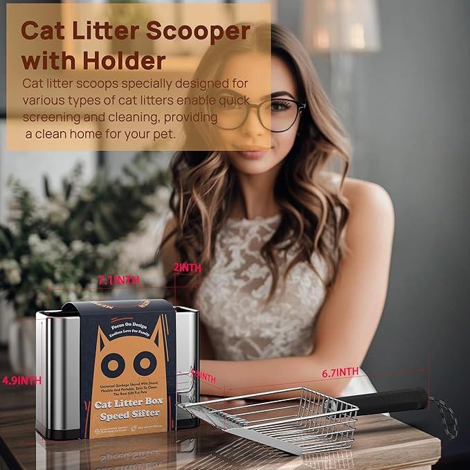 Heavy Duty Stainless Steel Cat Litter Scoop with Holder - Non-Slip Handle, Quick-Sifting Grid & Easy to Clean-Mewly Pet
