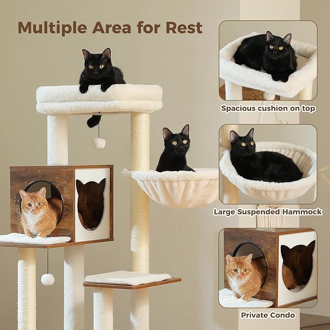 PEQULTI 57.5" Cat Tree with Litter Box Enclosure Large, Wood Cat Tower for Indoor Cats with Storage Cabinet and Cozy Cat Condo, Sisal Covered Scratching Post and Repalcable Dangling Balls, Brown-Mewly Pet