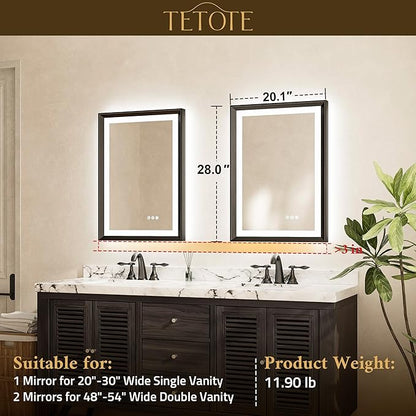 TETOTE Bathroom Mirror with Lights 20x28 Brushed Nickel LED Mirror Silver Frame Frontlit & Backlit Lighted Vanity Mirror Baroque Anti Fog Dimmable White/Warm/Natural,Wall Mounted(Horizontal/Vertical)