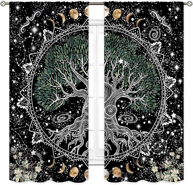 Life Tree Curtains, Hippie Sun Moon Trippy Tree of Life Bohemian Mandala Aesthetci Mystic Witchy Blackout Window Drapery Treatments for Bedroom Living Room Bathroom Decor, 42"x54" Inch