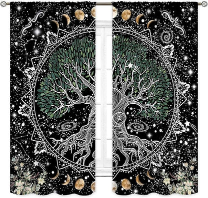 Life Tree Curtains, Hippie Sun Moon Trippy Tree of Life Bohemian Mandala Aesthetci Mystic Witchy Blackout Window Drapery Treatments for Bedroom Living Room Bathroom Decor, 42"x54" Inch