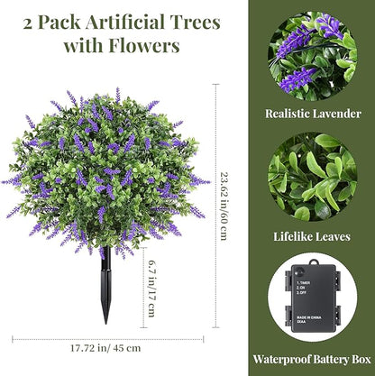 Lewondr Artificial Lavender Boxwood Topiary Ball with LED Lights, 23.6'' Artificial Shrub Bushes with Ground Spike, UV Resistant Faux Greenery Shrubs, Fake Plants for Indoor Outdoor Garden Patio Decor
