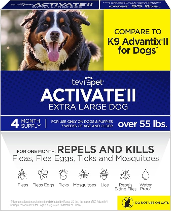 TevraPet Activate II Flea and Tick Prevention for Dogs | 4 Count | Extra Large Dogs 55+ lbs | Topical Drops | 4 Months Flea Treatment-Mewly Pet