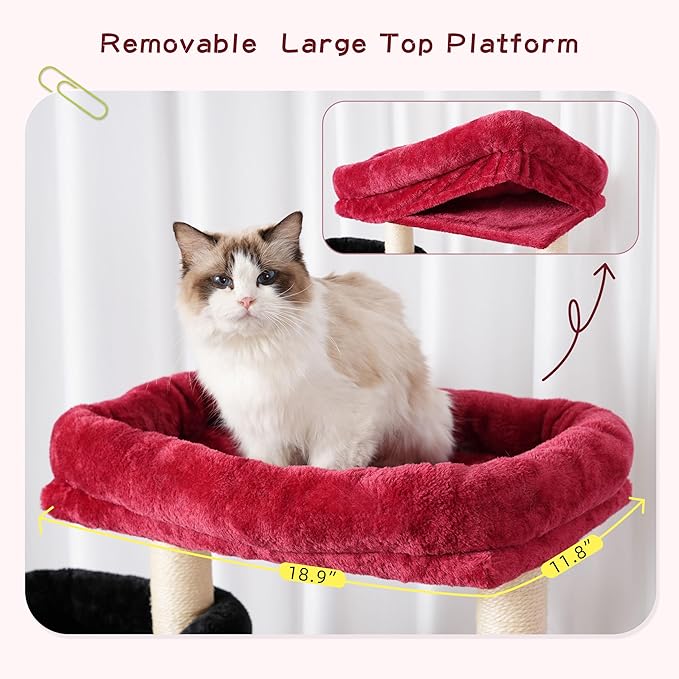 Cat Tree with Tunnel, Cat Tower for Indoor Cats, Tall Gothic Cat Tree Tower with Cat Condo, Food Station, Large Platform, Scratching Posts, Hammock, Black and Red GCT021BR-Mewly Pet
