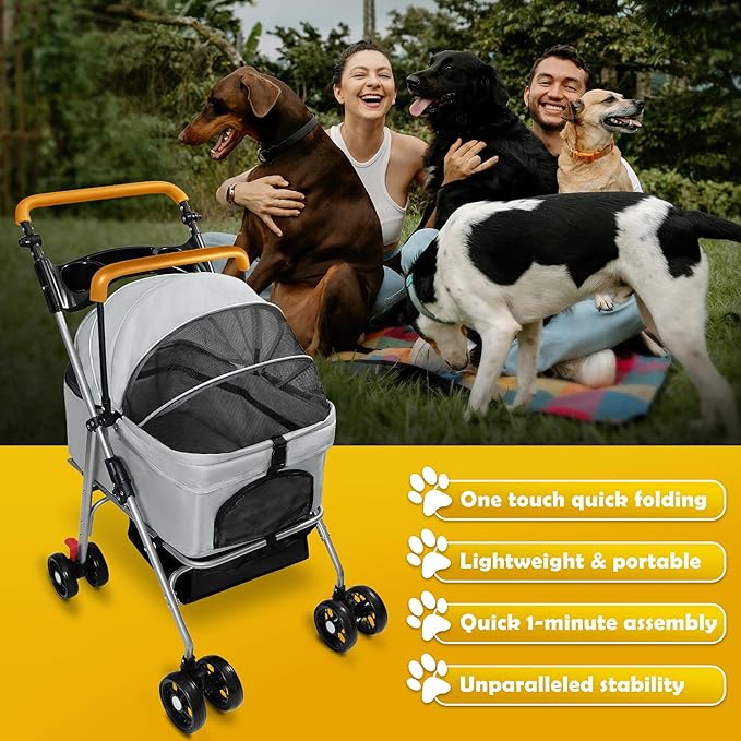 Pet Stroller with Storage Basket and Cup Holder, Folding Dog Jogger, Foldable Cat Stroller, 3 in 1 Puppy Kitten Cart, Pet Jogger for Medium Dog Cat (Gray)-Mewly Pet