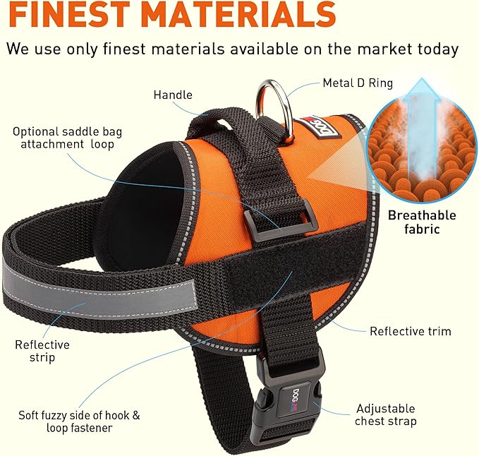 Dogline Dog Harness, Reflective No-Pull Adjustable Vest with Handle for Walking, Training, Breathable, No - Choke Harness for Small, Medium or Large Dogs Room for Patches Girth 27 to 34 in Orange-Mewly Pet