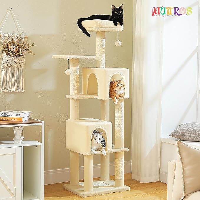 Cat Tree for Indoor Cats, Multi-Level Cat Tower with Sisal Scratching Posts, Padded Platform, Multi-Level Cat Condo w/Soft Bed & Scratching Pad, 2 Pompoms, Sturdy Base, Beige-Mewly Pet