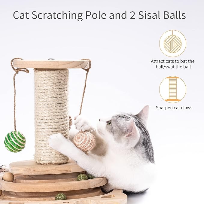 MEWOOFUN Cat Toy 2-Layer Turntable Cat Ball Toy with Feather,Kitten Toys Interactive Cat Toy with Eight Interactive Balls and Two Sisal Dangling Balls (Large)-Mewly Pet