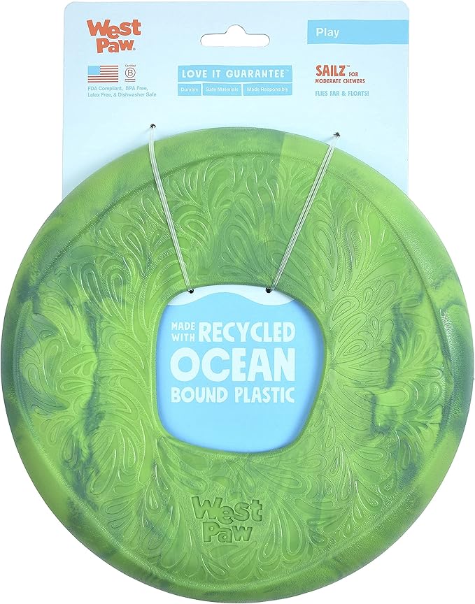 WEST PAW Seaflex Sailz Dog Toy Flying Disc – Machine Washable Dog Toys for Moderate Chewers – Eco-Friendly Zogoflex Toys for Dogs – Perfect for Gnawing, Fetch, Catch, Pet Training – Emerald-Mewly Pet