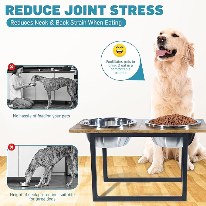 Elevated Dog Bowls for Large & Extra Large Breed Dogs - Raised Dog Feeding Station with Two Stainless Steel Bowls - Helps to Reduce Strain on Dog’s Neck & Joints - 3500 ML Capacity-Mewly Pet