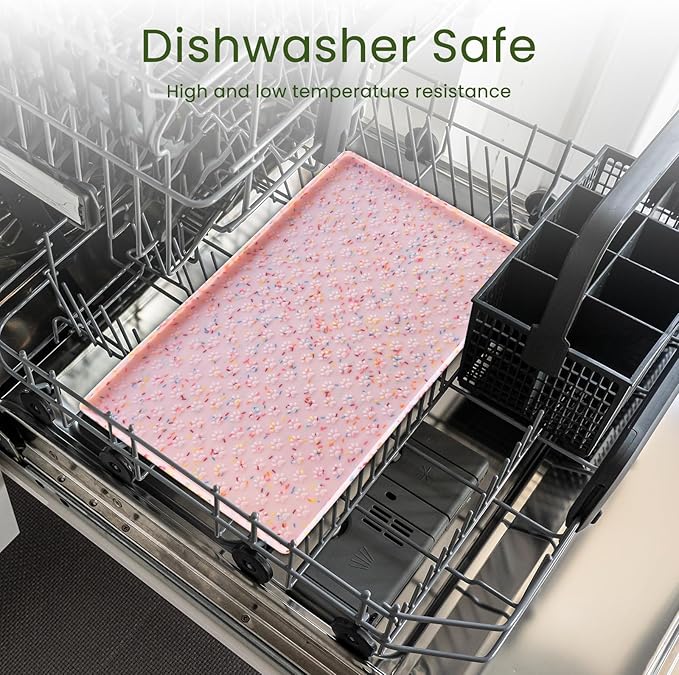 Ptlom Dog Food Mat Anti-Slip Dog Bowl Mats for Food and Water, Waterproof Pet Placemat Prevents Messy Spill to Floor, Silicone Puppy Feeding Tray for Small, Medium and Large Dogs Cats, Pink-Mewly Pet