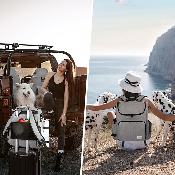 Modoker Dog Travel Bag Backpack, Airline Approved Pet Accessories Organizer for Dog and Cat with Shoulder Strap, 2 Dog Food Storage Containers, 2 Collapsible Dog Bowls,1 Pet Mat, Grey-Mewly Pet