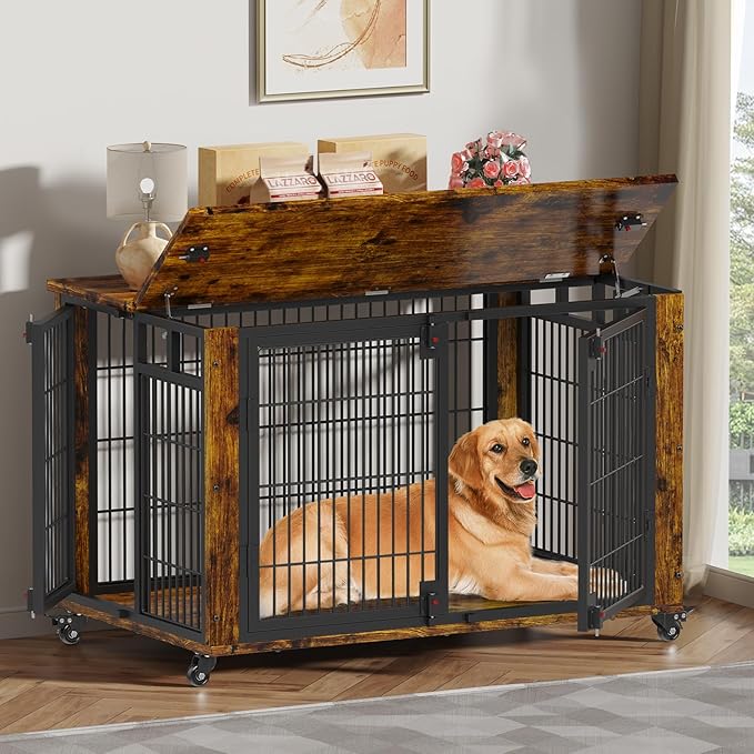 EasyCom 41" for Training Moveable XL Dog Crate, Large Dog Crate Furniture with Top-Access Teasing/Feeding Doors, Chew-Resistant Dog Kennel Indoor Furniture for Medium and Large Dogs-Mewly Pet
