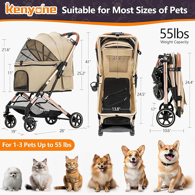 Medium Dog Stroller, Kenyone Pet Stroller for Medium Dogs Up to 55lbs, Lightweight Aluminum Frame, One Click Folding, Large Cat Stroller with No Zip Entry, Detachable Mesh, Multiple Pockets-Mewly Pet