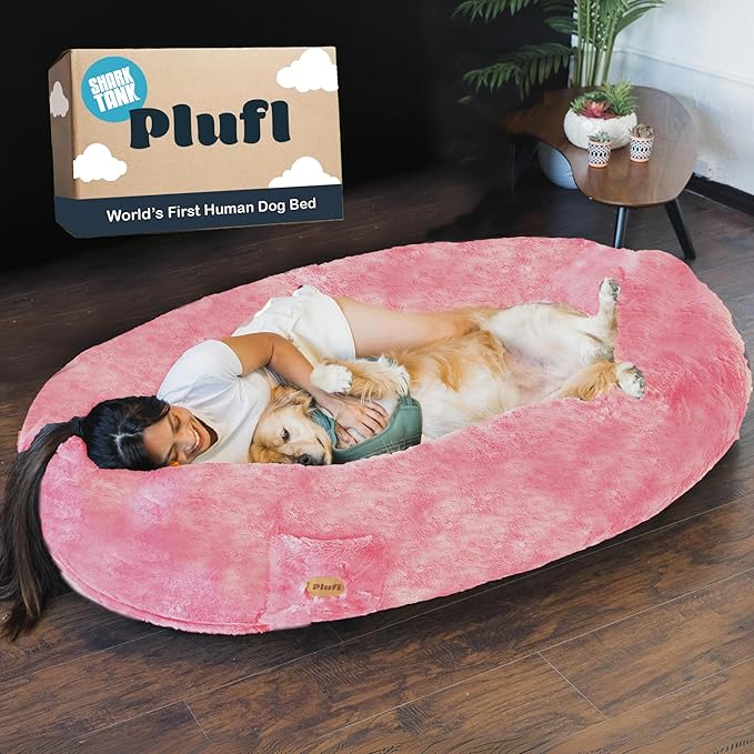 Plufl, The Original Human Dog Bed for Adults, Kids, and Pets. As Seen on Shark Tank. Comfy Plush Large Bean Bag with Memory Foam, Machine Washable, and Durable. Perfect nap and Floor Bed - Pink-Mewly Pet