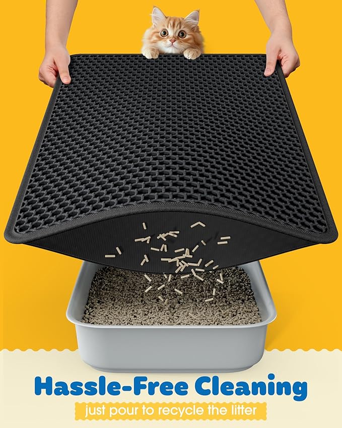 35" x 30" Cat Litter Mat - Ultra-Large Litter Box Mat with Double Layers, Urine-Proof and Non-Slip Litter Trapping Mat, Easy to Clean Kitty Litter Mats for Floor, Scatter Control, Black-Mewly Pet