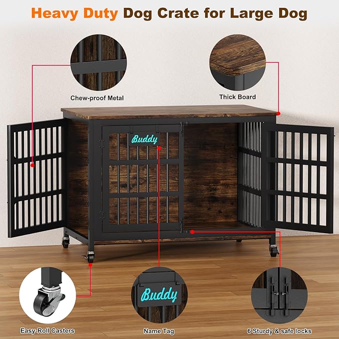 EasyCom 48"/42"/33" Dog Crate Furniture with Name Tag, Heavy Duty Dog Kennel Indoor for Large Dogs, Escape-Proof and Chew-Proof Dog Cage for high Anxiety Dog, Decorate House as TV Stand, End Table-Mewly Pet