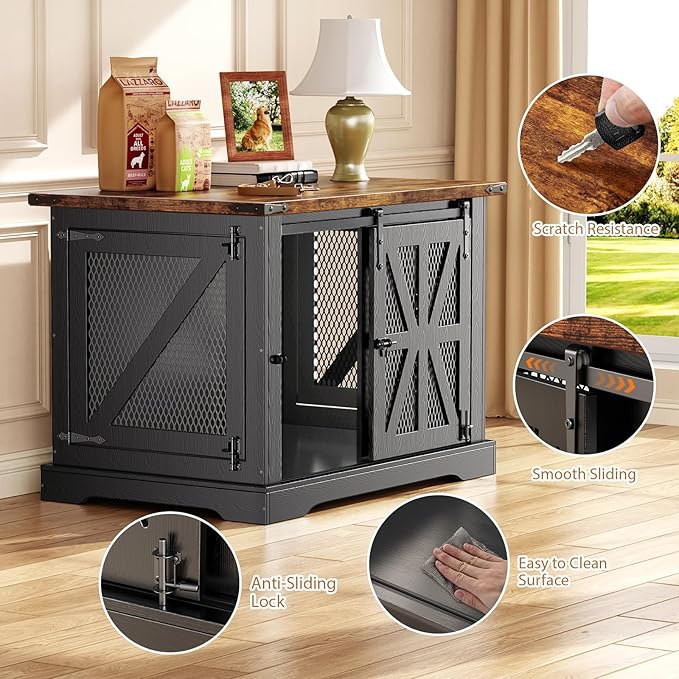 VOPEAK 40" Farmhouse Dog Crate Furniture, Heavy Duty Dog Cage for Medium Large Dogs, Dog Crate Dog Kennel Indoor with Double Doors, Chew Resistant End Table for Bedroom Living Room, Black-Mewly Pet