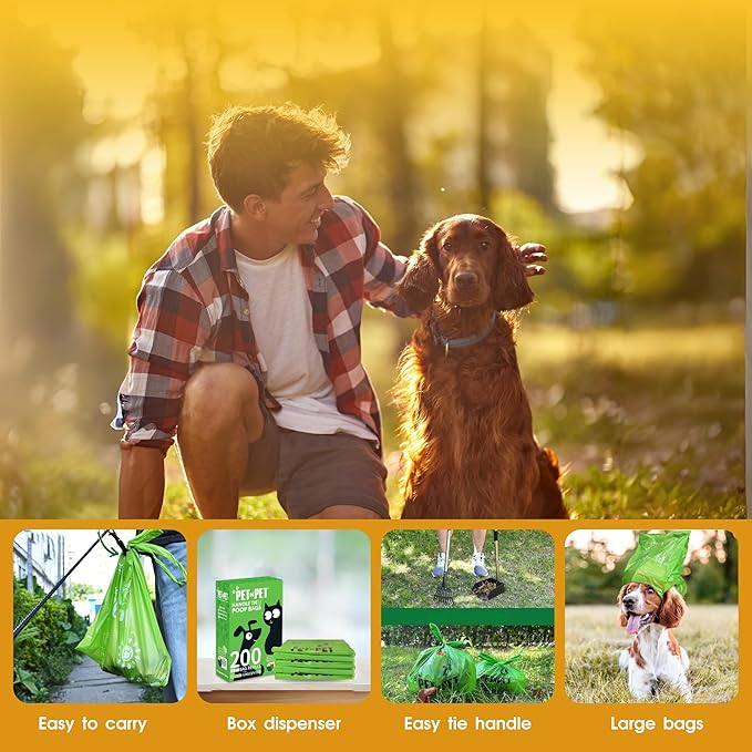 Pet N Pet 200 Counts Unscented Dog Poop Bags Rolls with Tie Handles, 38% Plant Based & 62% PE Poop Bags for Dogs, Extra-Thick Doggie Poo Bag, Pet Waste Bag-Mewly Pet