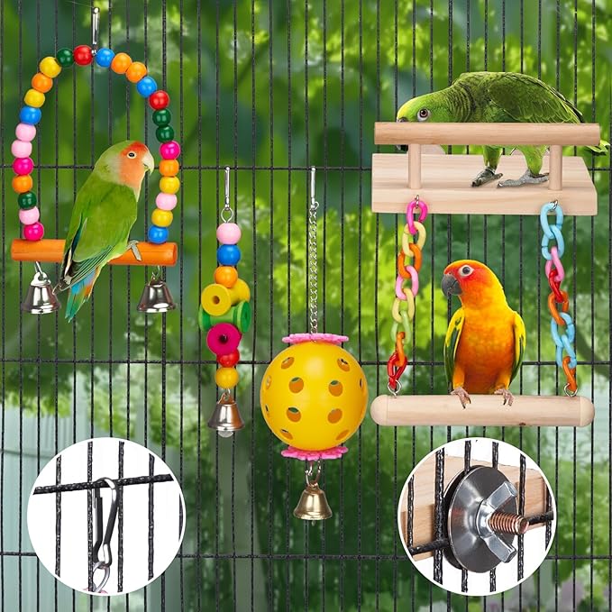 11Pcs Bird Parakeet Toys Wooden Bird Platform Stands Swing Hanging Chewing Toy Parrot Climbing Ladder Colorful Bird Cage Toys for Parakeet, Conure, Cockatiel, Love Birds, Finches-Mewly Pet