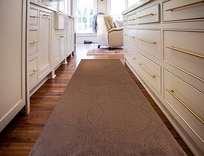 Custom Size Modern Geometric Pattern Carpet Runner Rug for Hallways, Slip Resistant Latex Rubber Backed, 31 inch Wide X Customized Length, Circles Brown, 31 inch X 5 feet