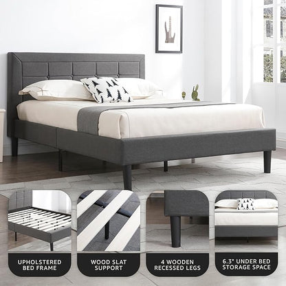 Decoro Mornington Upholstered 2.0 Platform Bed, Button-Tufted Fabric Headboard and Metal Frame with Wood Slat Support, Light Grey, Full