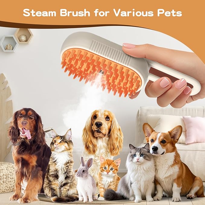 Pet Steam Brush, Rechargeable Cat Steam Brush for Shedding, 2025 New & 4 in 1 Pet Spray Hair Removal Comb with Anti-Static,Massage, Cleaning, Shedding & Combing All In One! (Khaki)-Mewly Pet