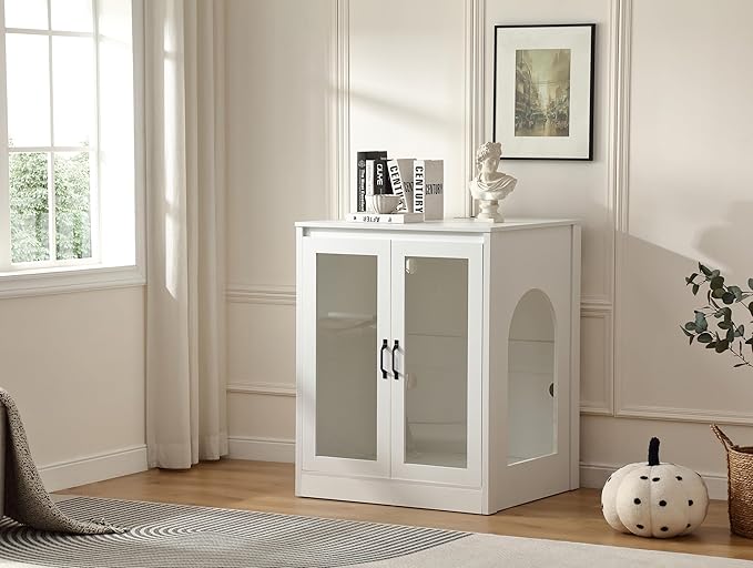 Cat Litter Robot Enclosure with Cat-Observant Glass Doors,Litter Robot Cabinet with Cozy LED for Cats,Reversible and Optional Entry(Left or Right),Power Outlet for More Choice, (White)-Mewly Pet