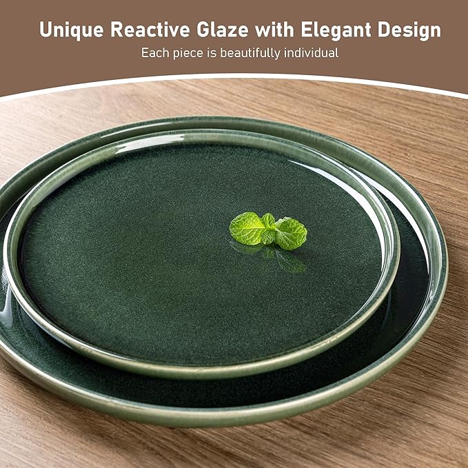 GBHOME Ceramic Dinnerware Sets for 6, 18 Pieces Stoneware Plates and Bowls Sets, Reactive Glaze Dishes -Scratch Resistant, Dishwasher&Microwave Safe, Earth Green-Mewly Pet