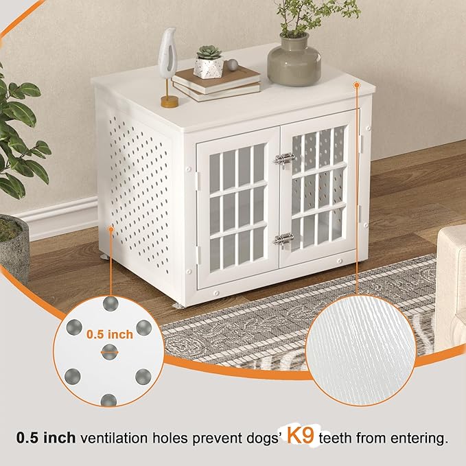 26" Heavy Duty Dog Crate Furniture for Small Dogs, Metal Kennel for High Anxiety Dogs, Chew Proof Pet Cage Indoor, Decorative Kennel End Table, White-Mewly Pet