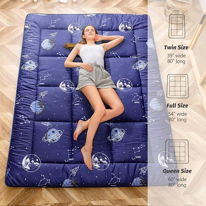 MAXYOYO Navy Space Adventure Futon Mattress, Padded Japanese Floor Mattress Quilted Bed Mattress Topper, Extra Thick Folding Sleeping Pad Breathable Floor Lounger Guest Bed for Camping Couch, Queen
