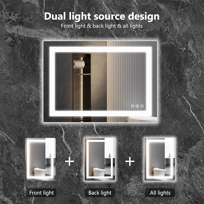 DUMOS 36"x 24" LED Bathroom Mirror with Lights, Dimmable Anti-Fog Front Lit Backlit Lighted Wall Mounted Rectangle for Vanity Makeup Memory Function Tempered Glass Shatter-Proof Horizontal&Vertically