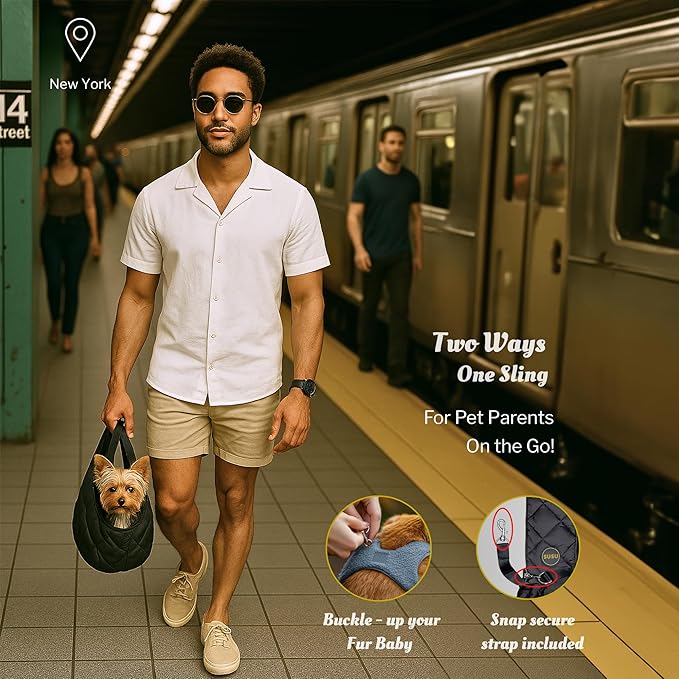 Small Dog Carrier Sling Bag – Hands-Free up to 10 lbs -10.5″ Deep Pouch, Dual Snap-Clip Closure + Drawcord, 4″ Padded Strap, Safety Tether, Zipper Pockets, Machine-Washable-Mewly Pet