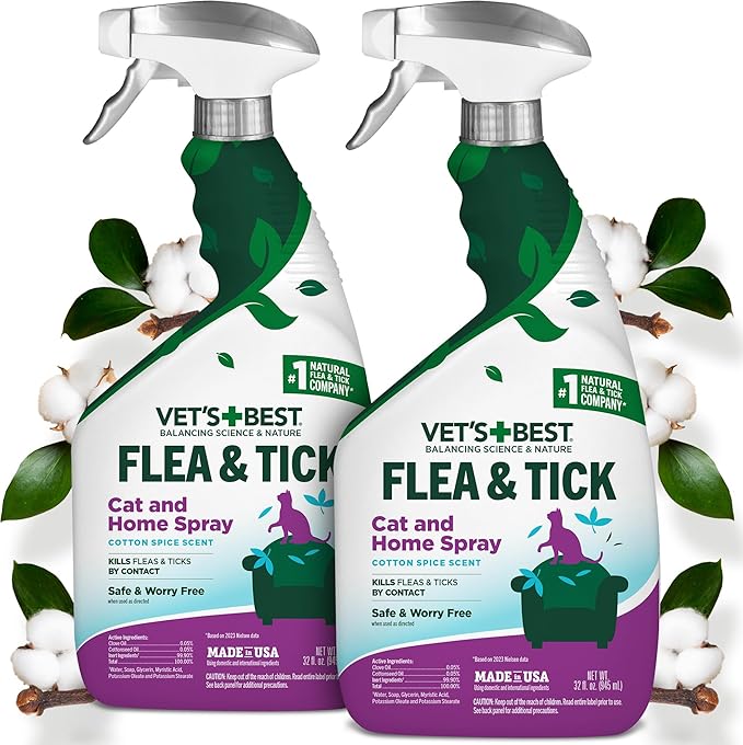 Vet's Best Natural Cat Flea & Tick Home Spray – Plant-Based Cotton Spice Mist for Cats – Indoor Flea Control with Natural Oils – Gentle Scented Spray for Home Use – Made in USA, 32 oz, 2-Pack-Mewly Pet