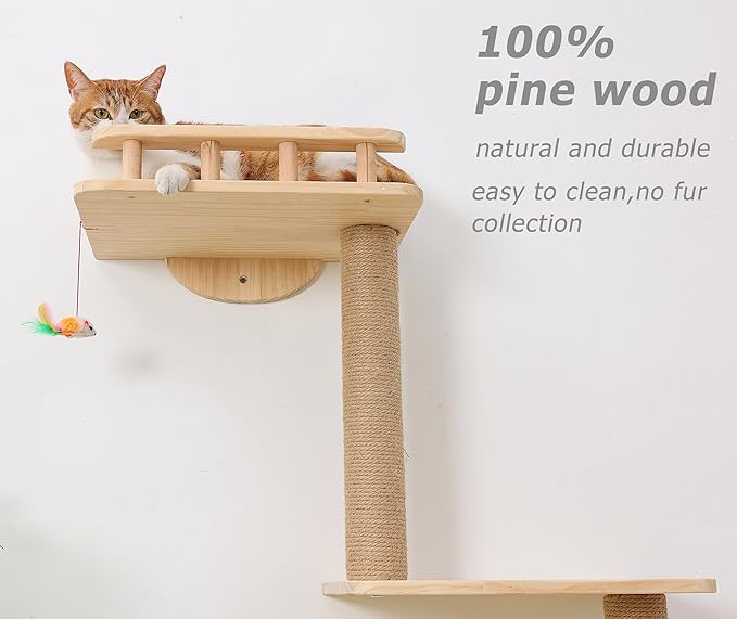 Cat Tree Wall Mounted with 4 Levels Shelves, 73" Wood Corner Tower Inside Kitten Scratching Post for Climbing,Perching and Lounging (Right to Left)-Mewly Pet