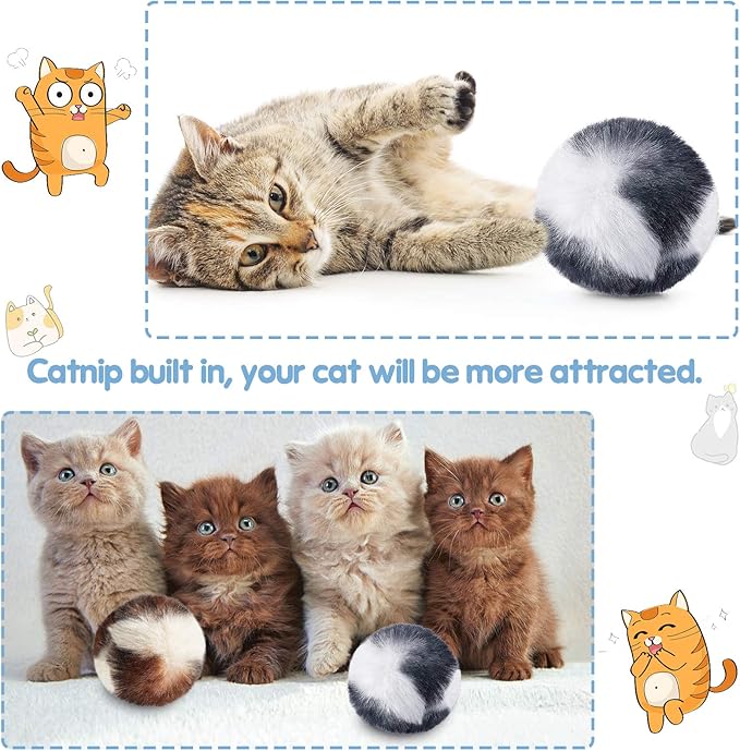 Skylety 8 Pieces Cat Pom Poms Ball with Catnip Soft Cat Balls Toy Large Plush Fuzzy Artificial Balls Faux Fur Patch Puff 2 Inches for Kitten Pet Interactive Chasing Playing Exercising Indoor-Mewly Pet
