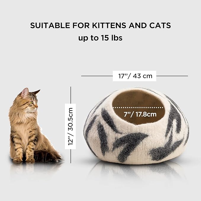 Woolygon Premium Felt Cat Cave Bed - Wool Kitty Beds Handcrafted Kitten Caves Bed for Indoor Cats - Made from 100% Eco-Friendly Merino Wool, Foldable Cat Hidewawy Covered Cat House Pod-Mewly Pet