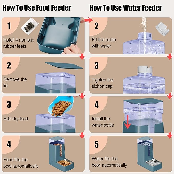 Automatic Cat Feeder and Cat Water Dispenser Set with Stainless Steel Bowls Gravity Dog Feeder for Small Medium Big Dog Pets Puppy Kitten, 3.8L x 2 (Cyan)-Mewly Pet