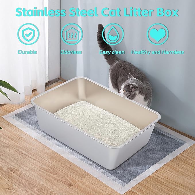 Large Stainless Steel Cat Litter Box-Metal Litter Box for Cats, High Sided Metal Litters Boxes, No Smell, Non Stick, Easy Clean, Odor Proof, Indoor Outdoor-Mewly Pet