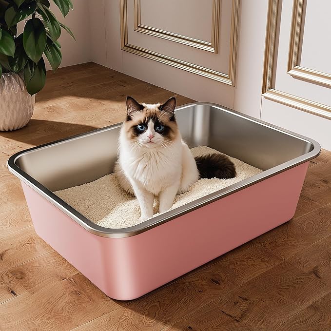 Stainless Steel Litter Box, Large Metal Cat Litter Box with High Sided for Big and Small Cats, Non-Stick, Easy to Clean, Odor-Free, 19.5" L×13.6" W×5.9" H, Blush Pink-Mewly Pet