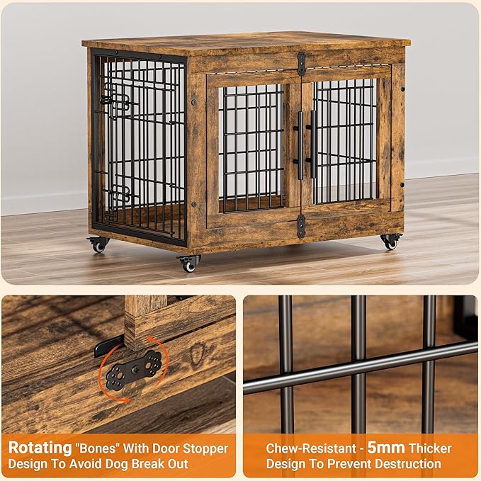 Lulive Dog Crate Furniture, Dog Kennel Indoor Double Doors Wooden Dog Cage, 32'' Heavy Duty Dog Crate with Cushion & Wheels, Decorative End Table Pet House Chew-Resistant for Medium/Small, Brown-Mewly Pet