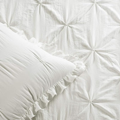 Lush Decor Ravello Pintuck Ruffle Skirt Bedspread Set - Luxe 3 Piece Ruffled Bedding Set - Traditional Glam & Farmhouse Inspired Bedroom Decor - King, White