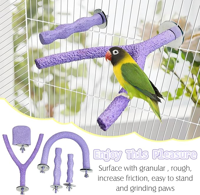PINVNBY 5 Pack Bird Perch Resin Bird Beak Grinding Stone Parrot Cage Perch Stand Platform Foot Claws Trimmer Chew Toy Bird Cage Accessories for Budgie Cockatiel Conure Lovebird Finch (Purple)-Mewly Pet